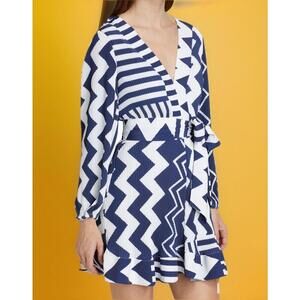 $450 Milly Liv Patchwork Chevron Pleated Mini Dress Size 8